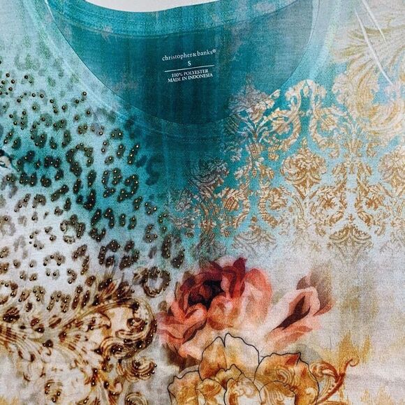 Christopher & Banks Women's Teal Gold Embellished Short Sleeve T-Shirt Small - Picture 4 of 7
